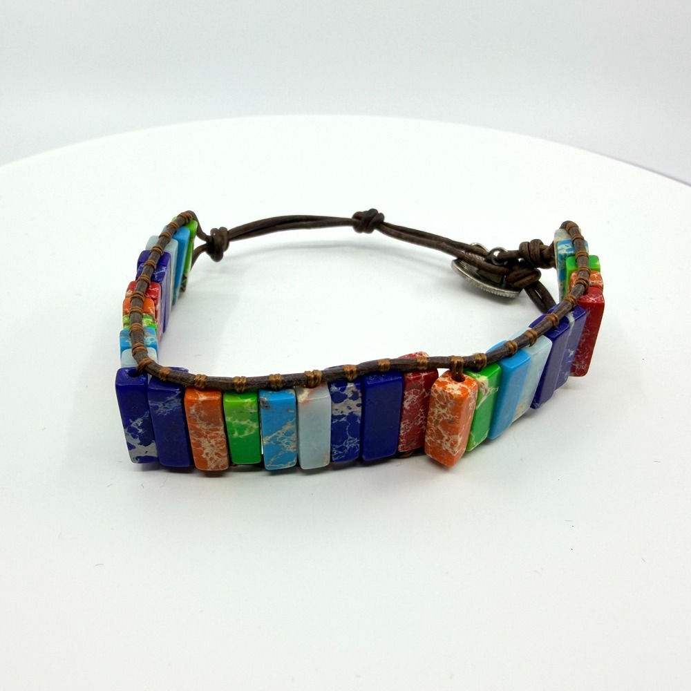 Bracelet Vintage‎ Boho Leather Wrap Multicolor Rainbow Jasper Color Block Bead